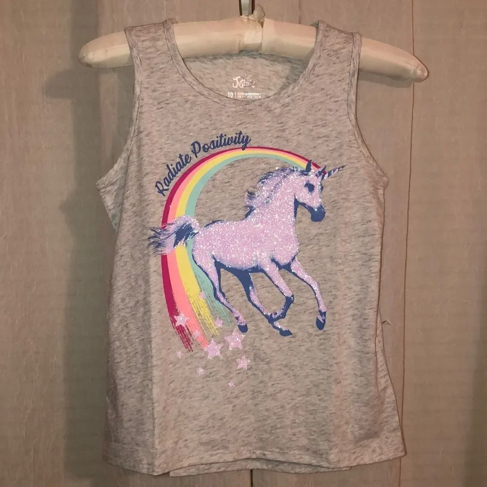 Justice 10 Gray Sleeveless Tank Unicorn Rainbow Glitter Radiate Positivity